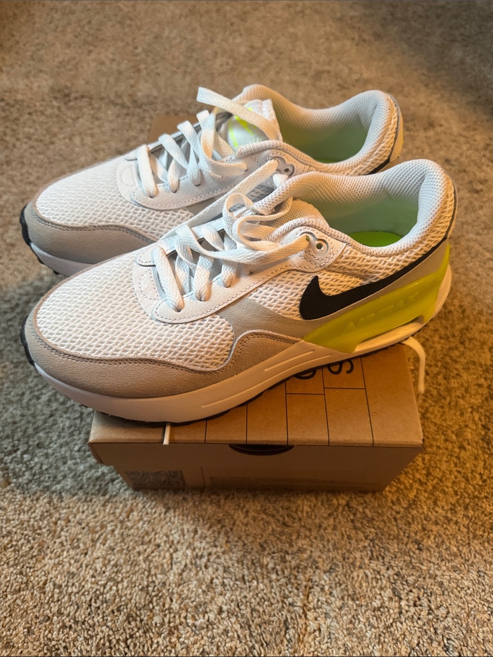 Brand New Nike Air Max White, Gray, and Neon Green Sneakers with Black Swoosh